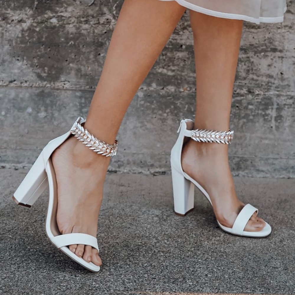 Lulu's White Block Heels with Chain Ankle Strap Bachelorette Bridal Wedding